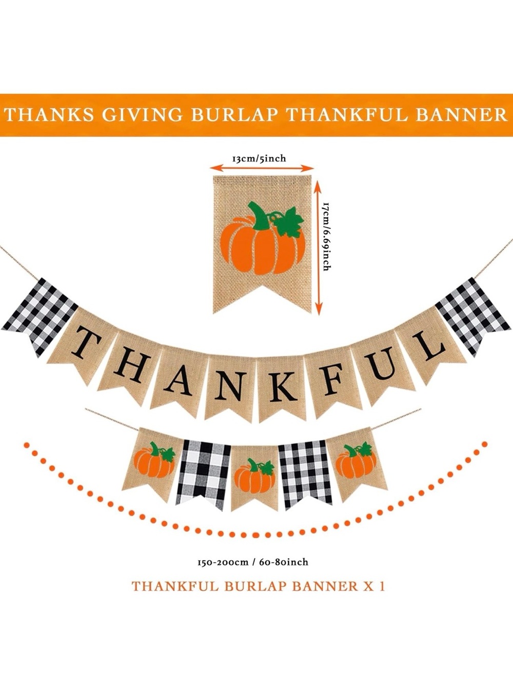 Thankful Burlap Banner - Orange Pumpkin Thankful Garland 2 pcs NWT - Picture 2 of 5